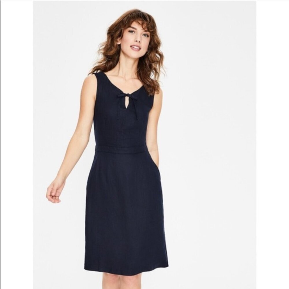 Boden Rae Linen Dress Size 12 R Navy Blue Tie Neck Minimal Preppy Classic